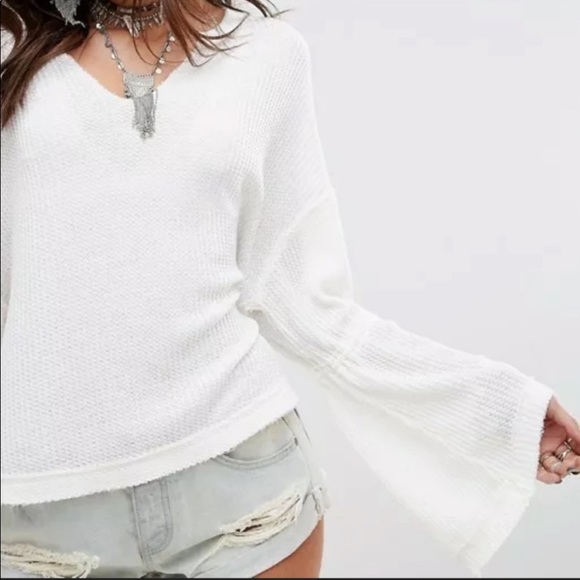Free People Distressed White Bell Sleeve Thermal - Picture 2 of 6